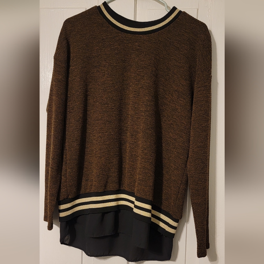 Brown and Black Sweater with Gold Striped Trim Size L